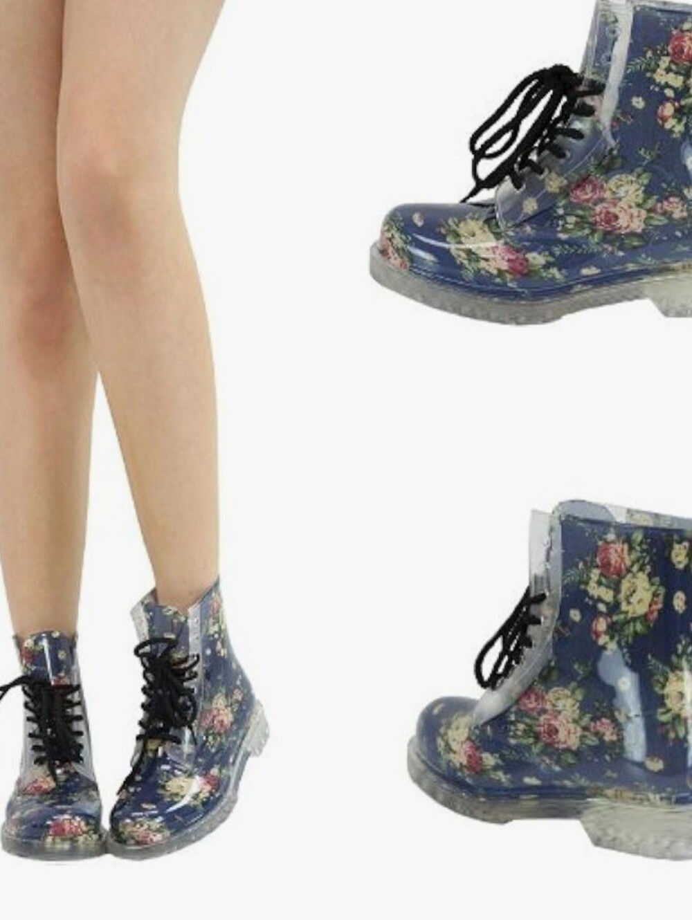 Floral Lace-Up Rain Boots - Navy Floral. Size 8